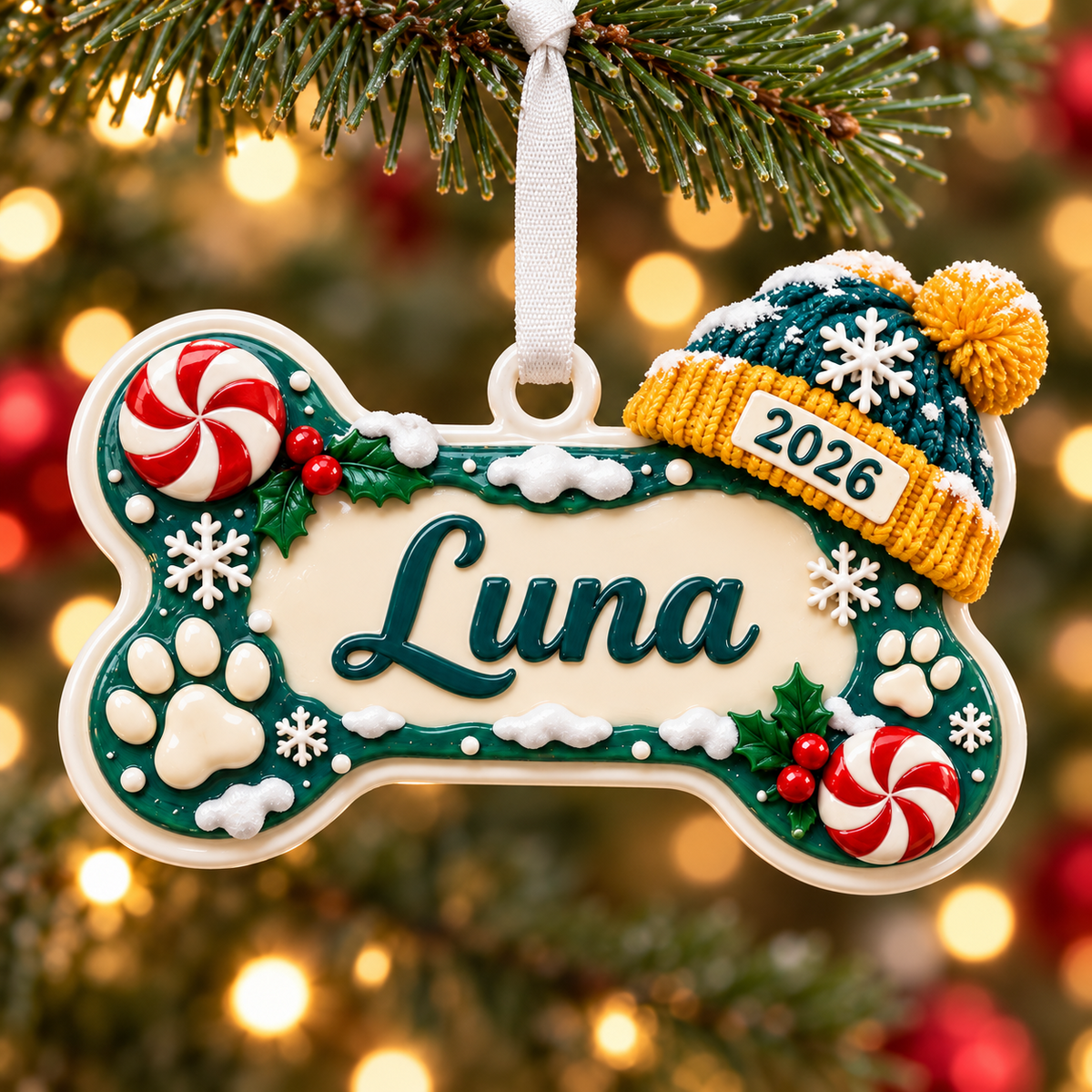Dog Bone Holiday Keepsake with Knit Beanie Hat and Peppermint Details - 3D Relief Ornament