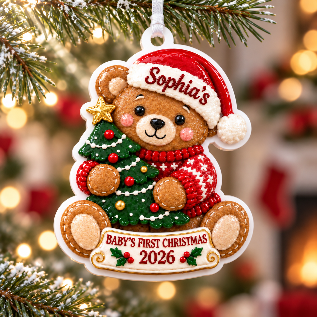 Baby's First Christmas Teddy Bear with Tree Hanging Holiday Keepsake - 3D Relief Ornament