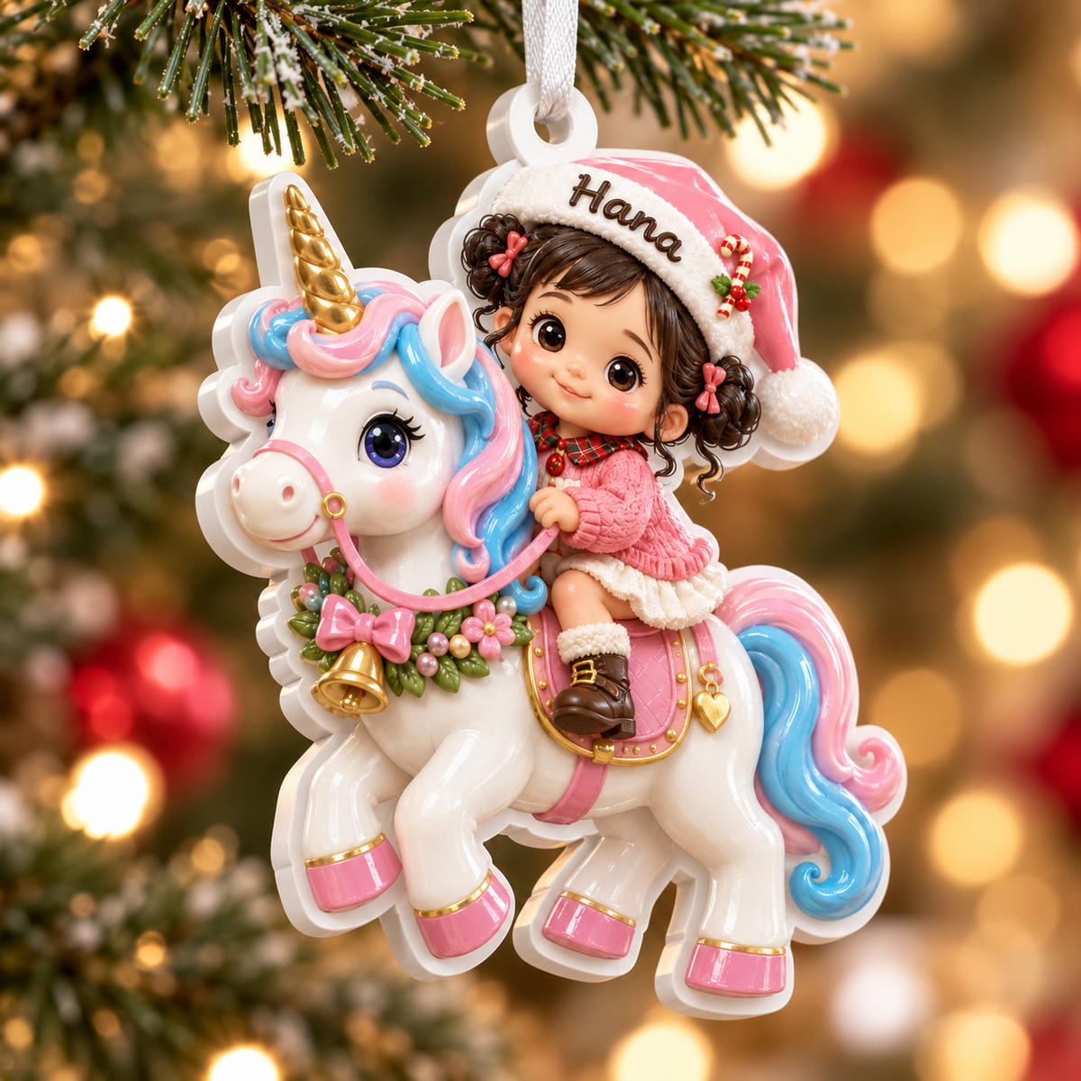 Little Girl in Pink Santa Hat Riding Unicorn Acrylic Christmas Tree Hanging Decor - 3D Relief Ornament