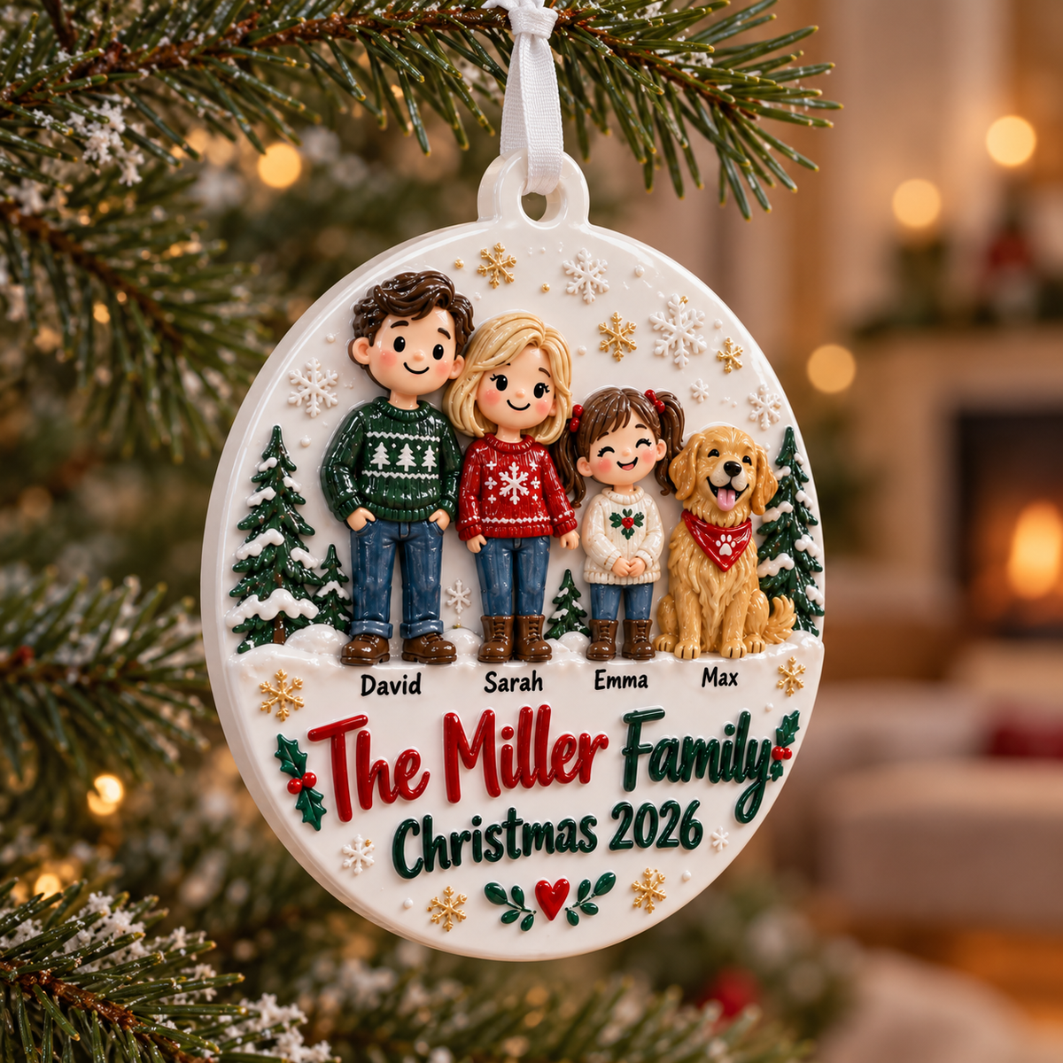 Family of Three with Dog Ceramic Round Holiday Keepsake - 3D Relief Ornament
