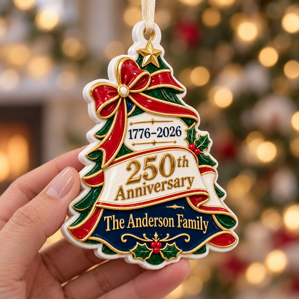 America 250th Anniversary 1776-2026 Christmas Tree Holiday Keepsake - 3D Relief Ornament