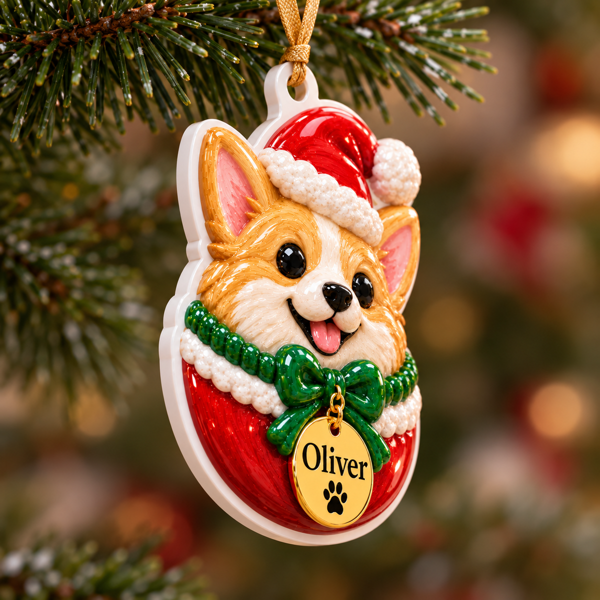 Corgi Dog in Santa Hat Christmas Tree Bauble Hanging Acrylic Keepsake - 3D Relief Ornament