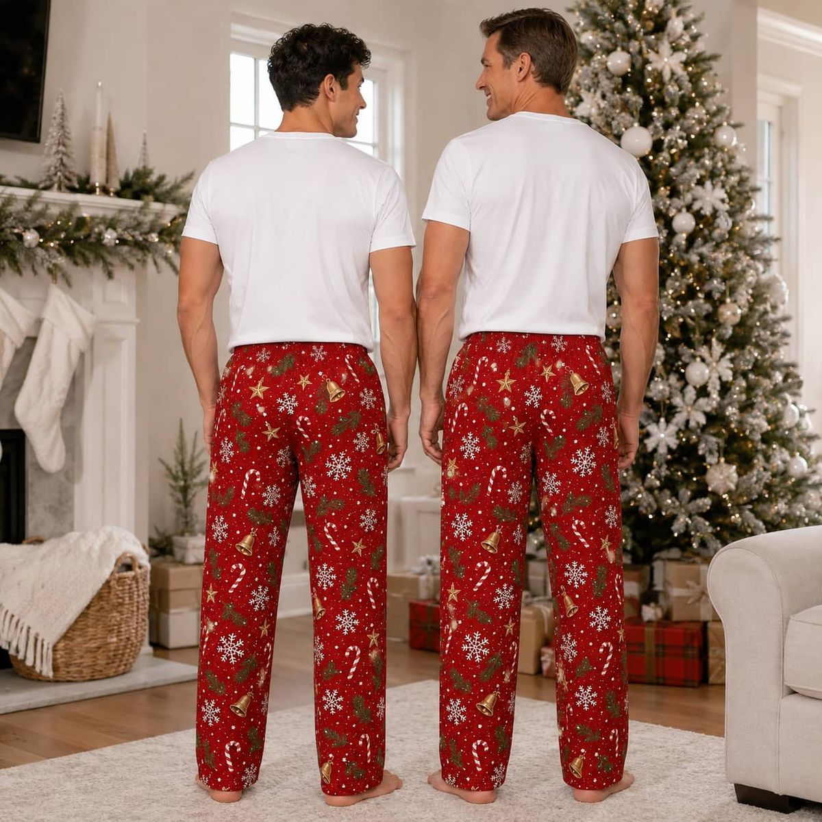 Men's Pajama Pants Green Christmas Holly Pattern Lounge Bottoms