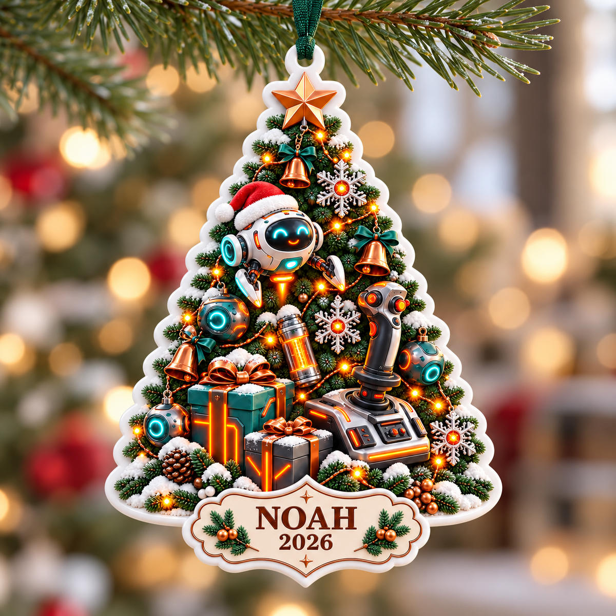 Gamer Christmas Tree Holiday Hanging Keepsake with Robot and Joystick - 3D Relief Ornament