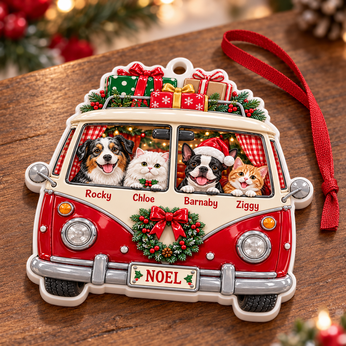 Christmas Camper Van with Dogs and Cats Holiday Hanging Keepsake - 3D Relief Ornament