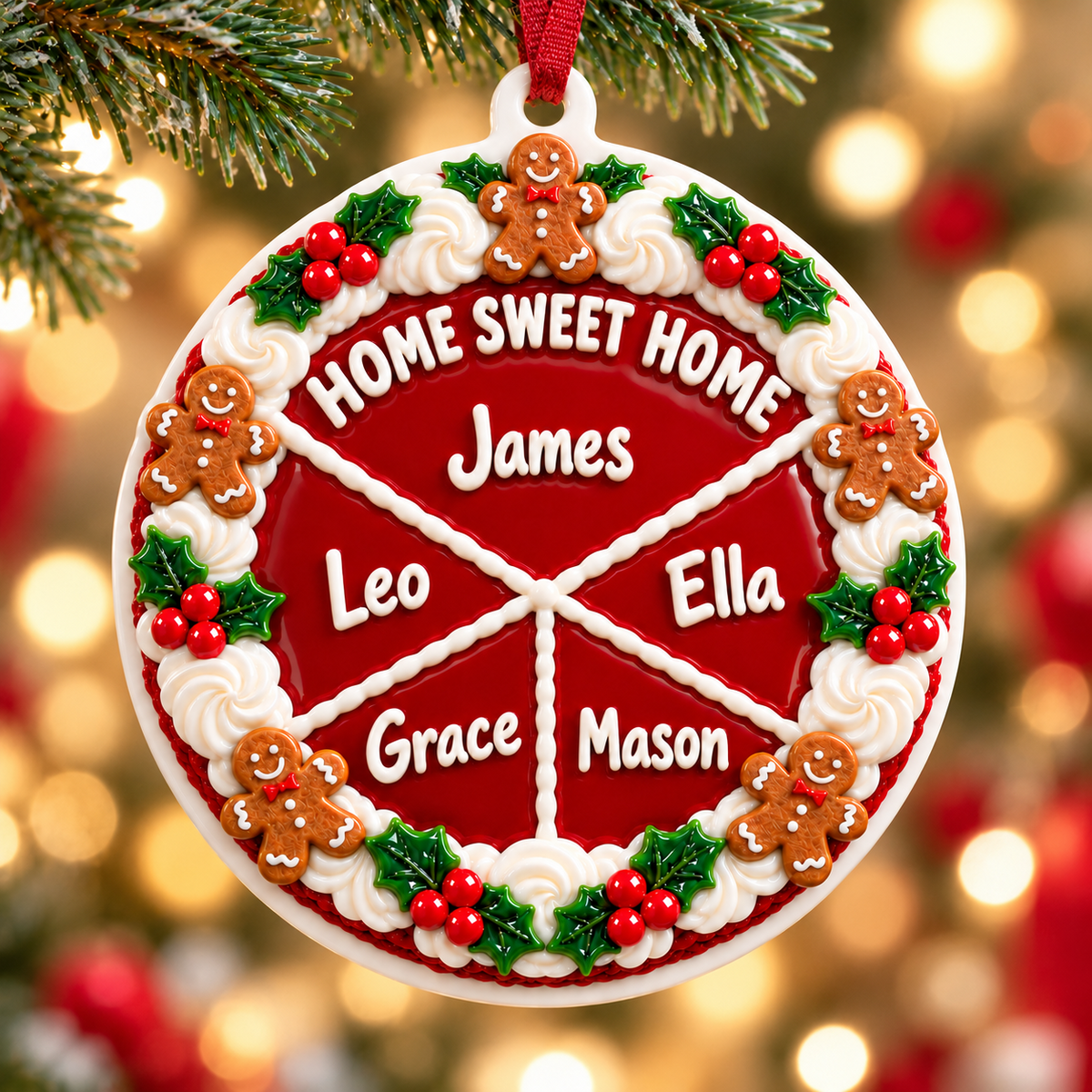 Round White Ceramic Holiday Bauble with Red Ribbon for Christmas Tree Decor - 3D Relief Ornament