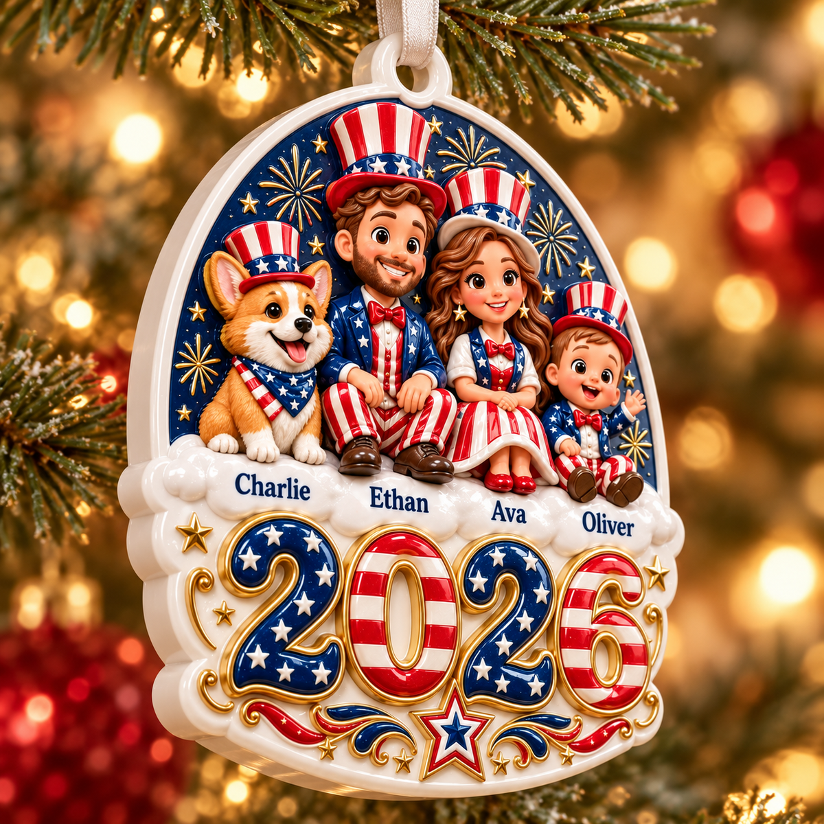 Patriotic Family with Dog 2026 Year Hanging Keepsake - 3D Relief Ornament