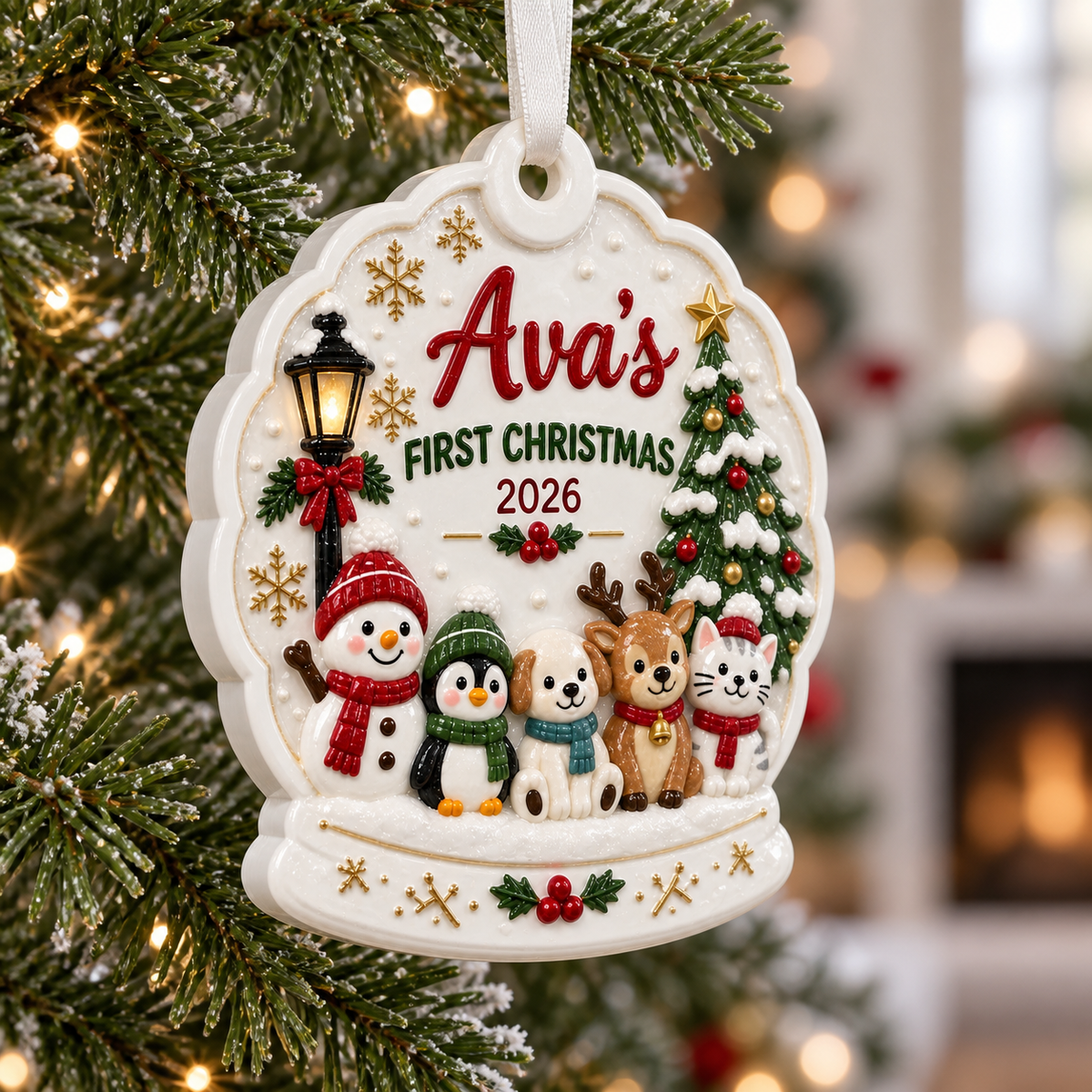 First Christmas Snow Globe Hanging Keepsake with Winter Animals - 3D Relief Ornament