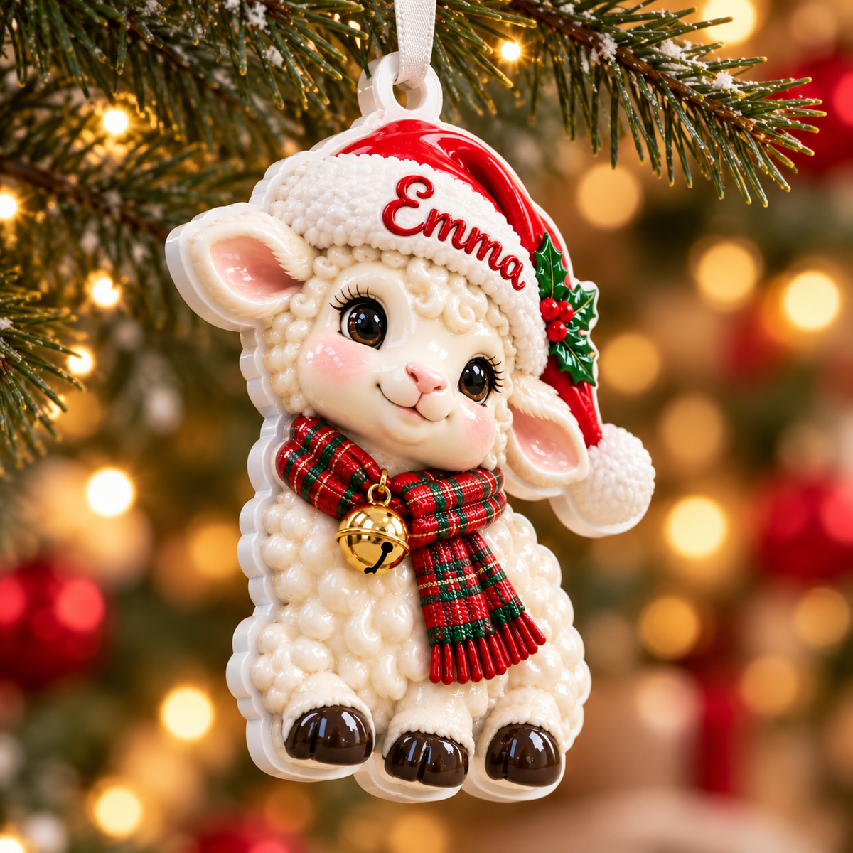 Christmas Lamb in Santa Hat Acrylic Holiday Hanging Decor - 3D Relief Ornament