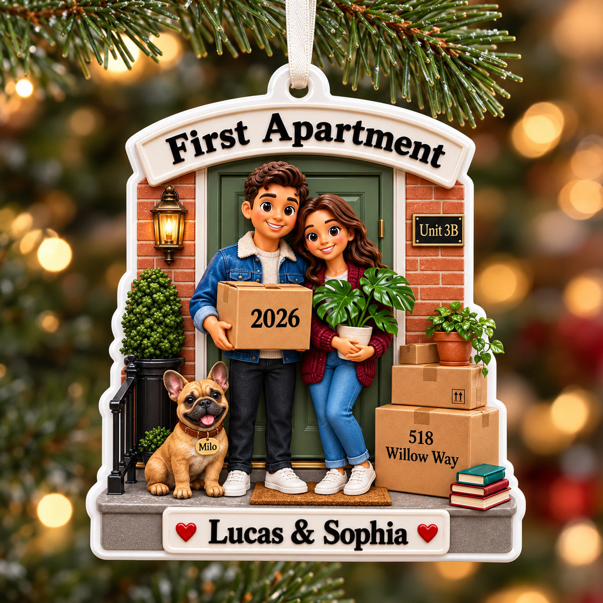 First Apartment Moving Couple with French Bulldog Front Porch Holiday Keepsake - 3D Relief Ornament