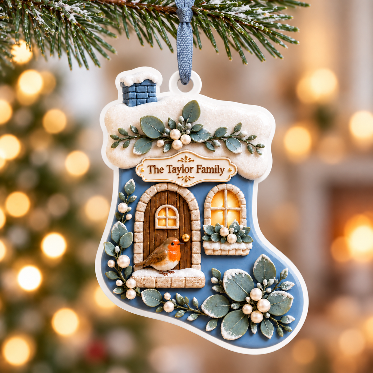 Christmas Stocking Cottage House with Winter Robin Acrylic Holiday ...