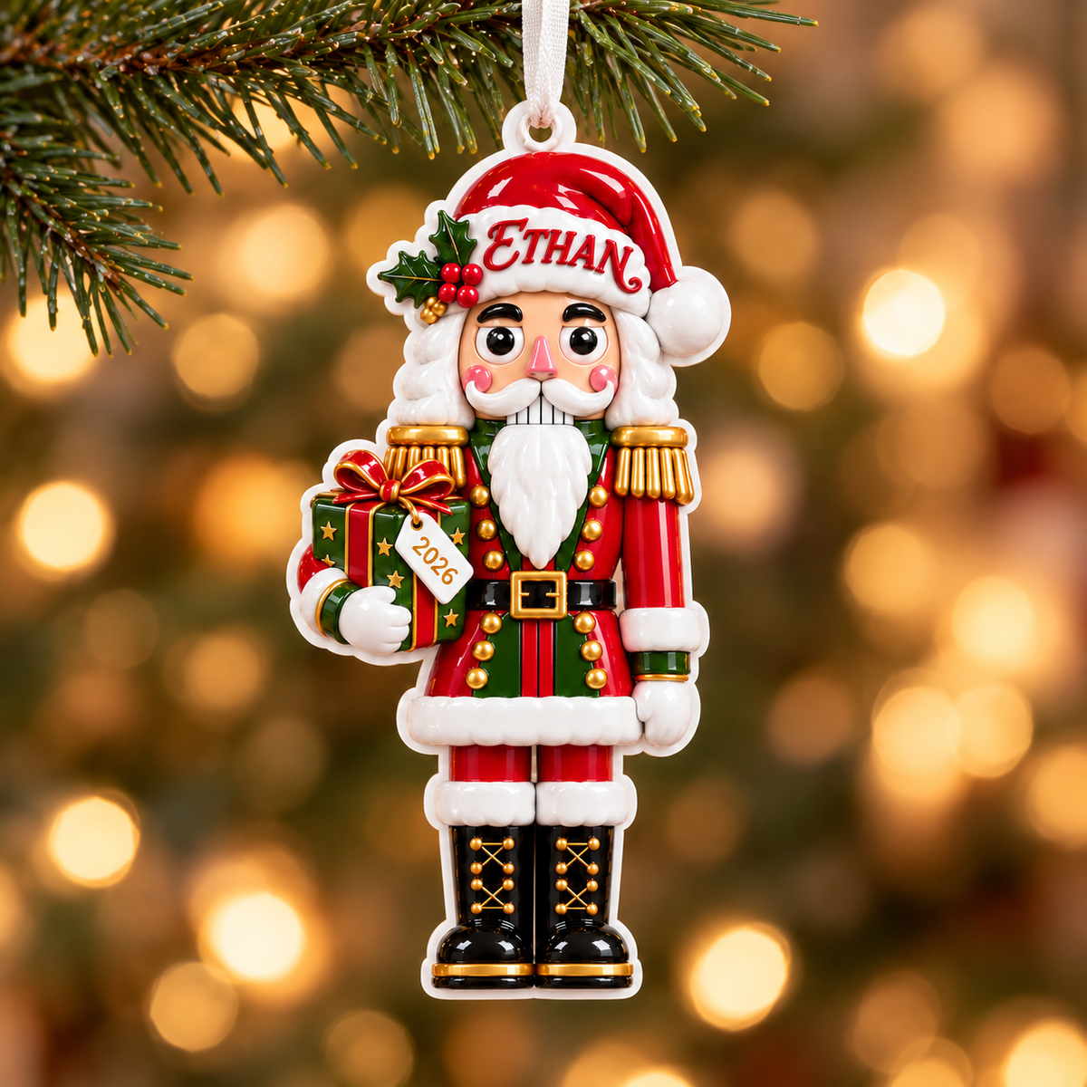 Nutcracker Soldier Holding Gift Box Acrylic Hanging Holiday Decor - 3D Relief Ornament