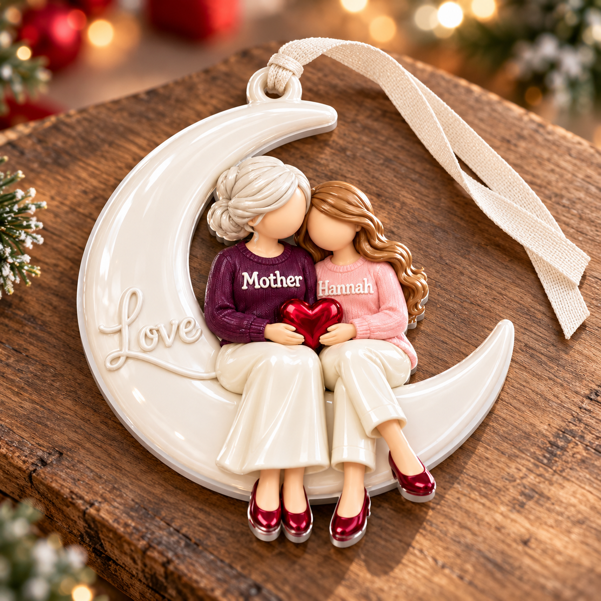 Mother and Daughter Crescent Moon Hanging Figurine - 3D Relief Ornament