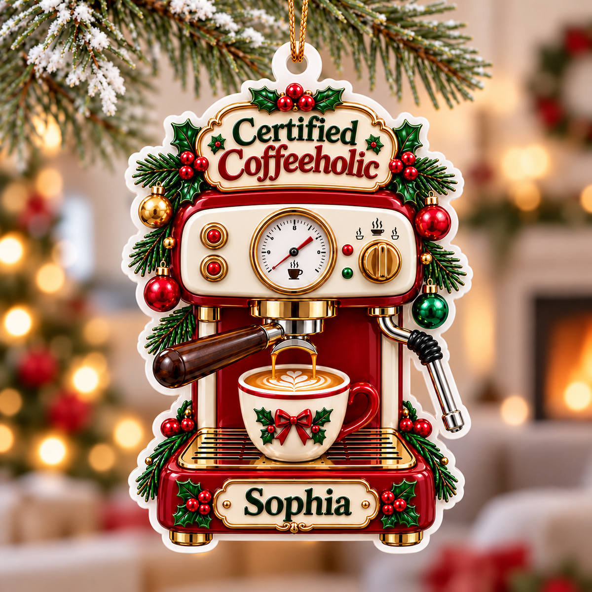 Espresso Machine Certified Coffeeholic Holiday Hanging Decor - 3D Relief Ornament