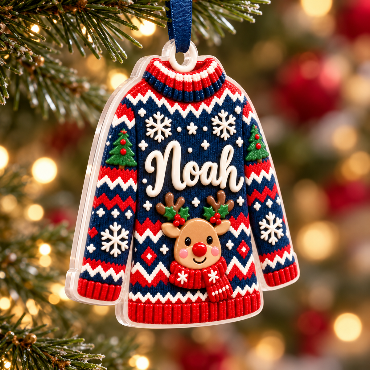 Ugly Christmas Sweater Reindeer Pattern Acrylic Holiday Keepsake - 3D Relief Ornament