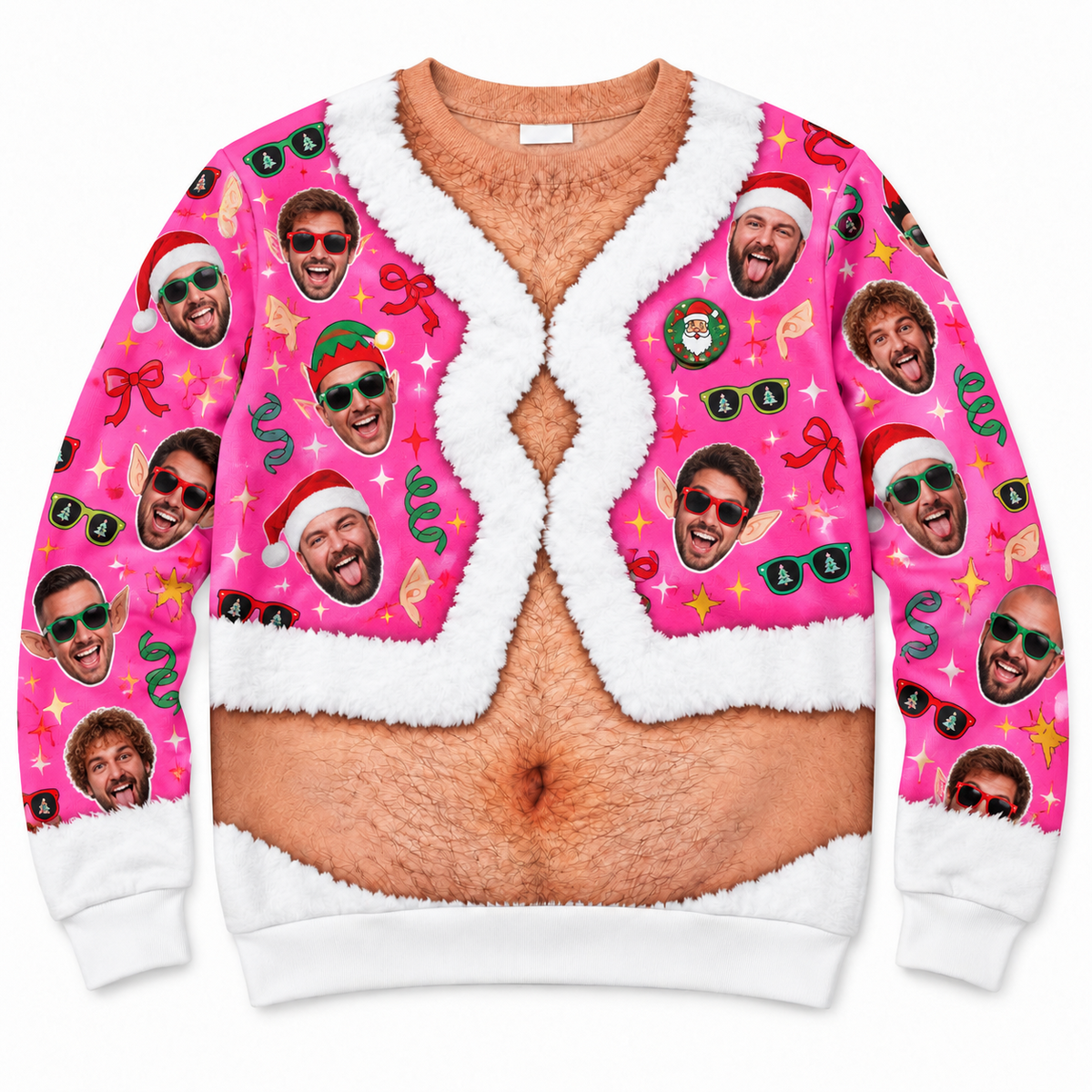 Hairy Chest Christmas Sweatshirt Faux Fur Cardigan Print Pullover