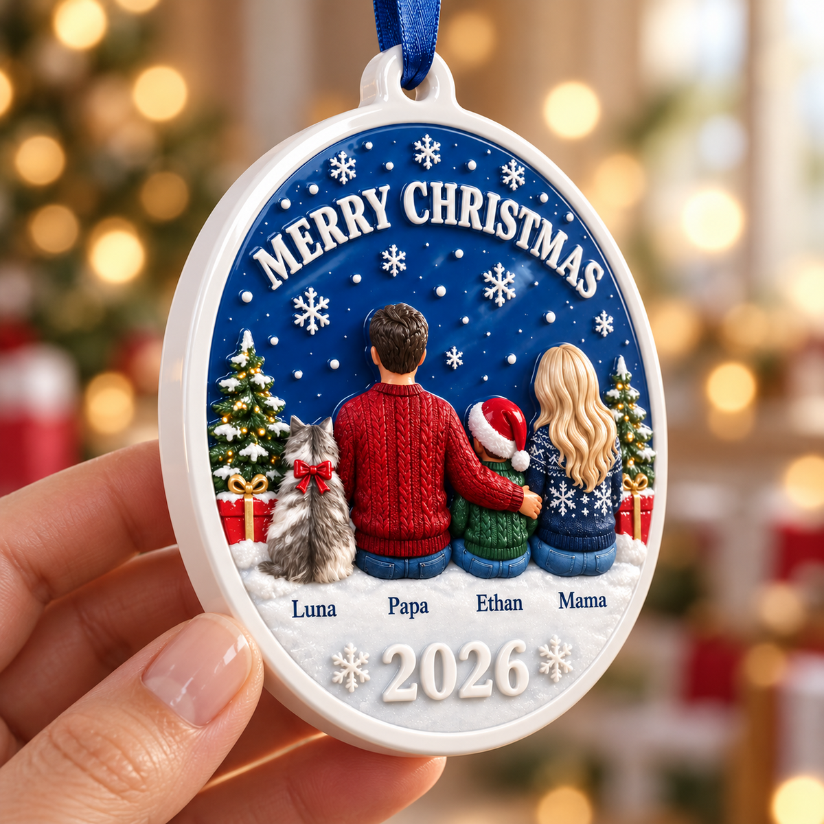 Family and Cat Christmas Hanging Medallion, Oval Blue Winter Sky Holiday Decor - 3D Relief Ornament