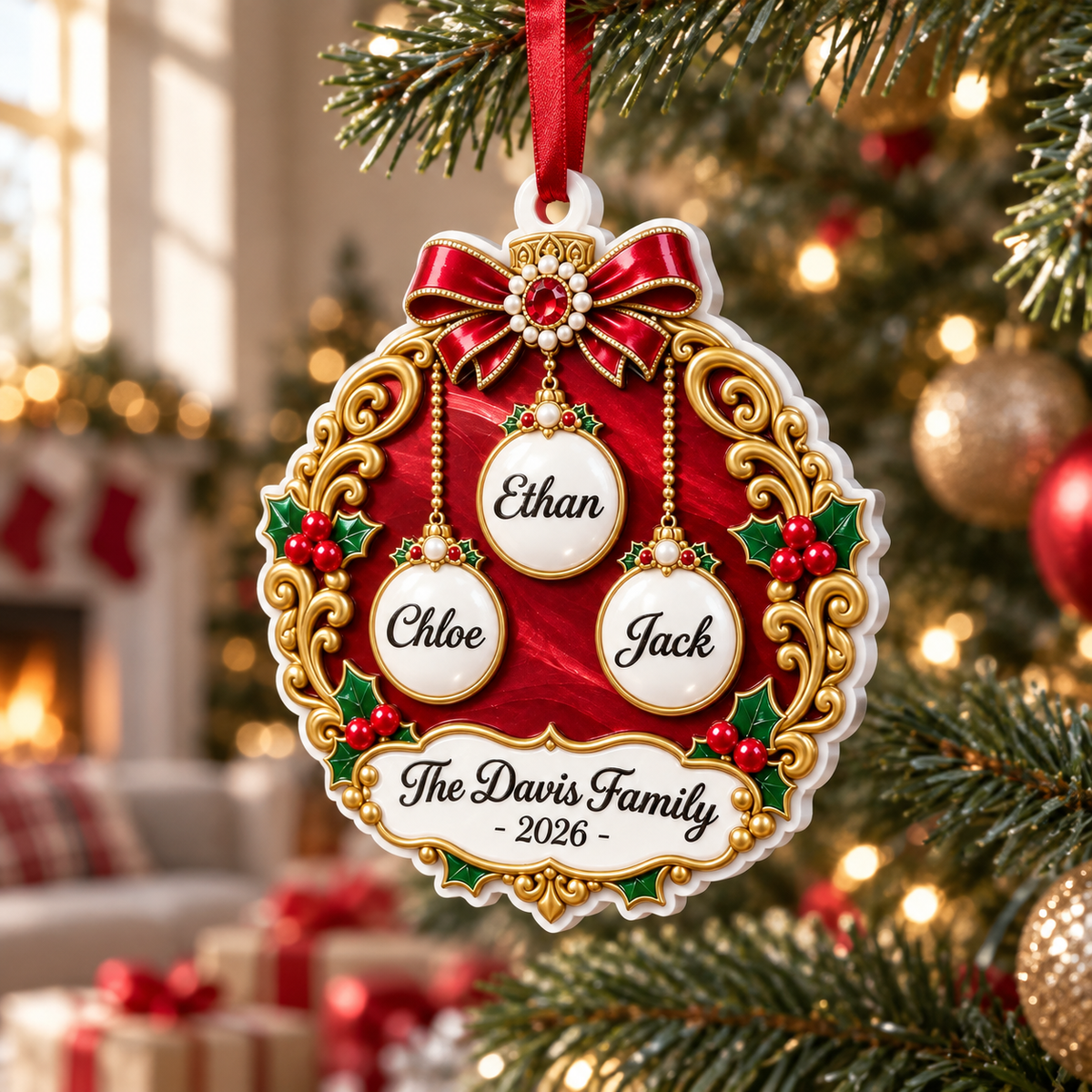 Christmas Family Bauble Medallion in Red and Gold Filigree Scrollwork - 3D Relief Ornament