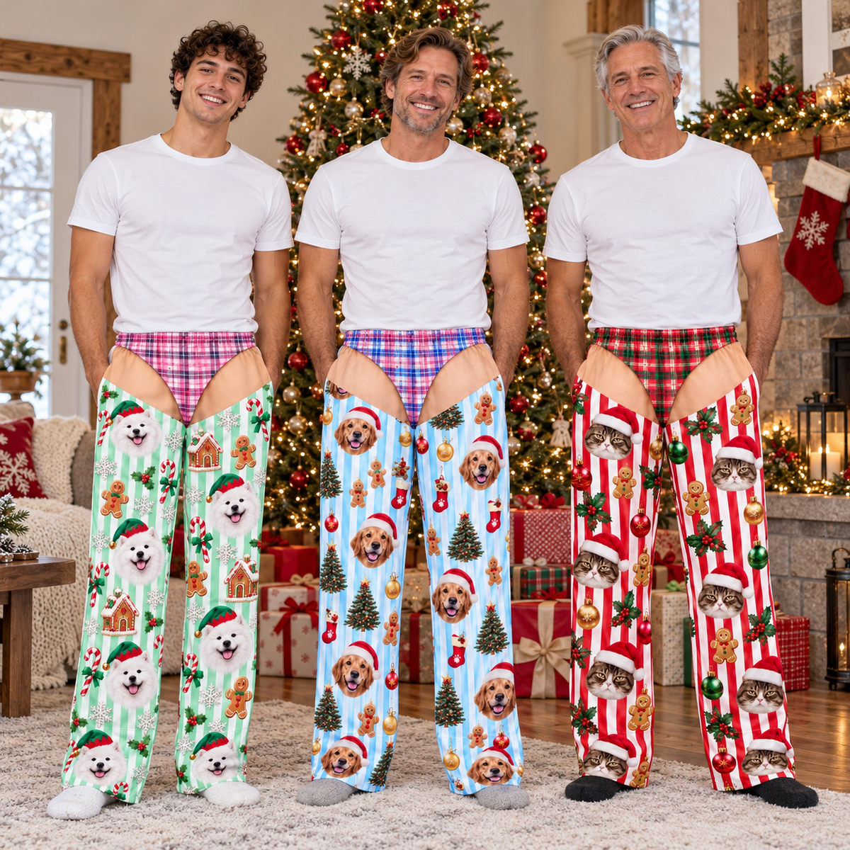 Christmas Pajama Pants with Thong Print and Holiday Dog Face Pattern