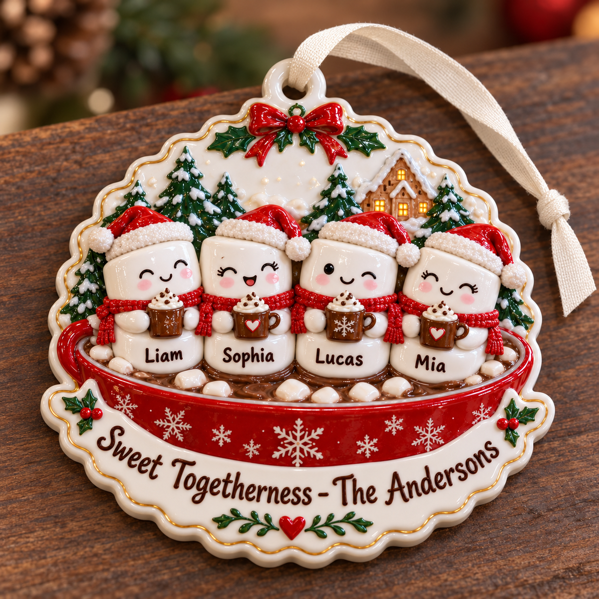 Family Marshmallows in Hot Cocoa Mug Holiday Tree Accent - 3D Relief Ornament