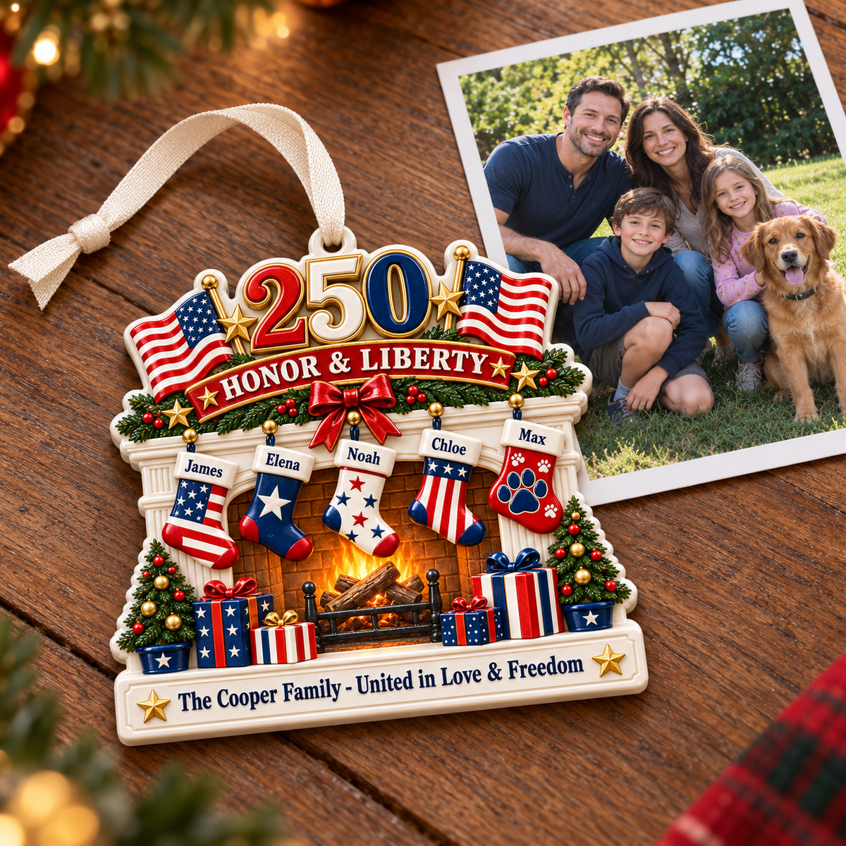 Patriotic Fireplace Christmas Tree Hanging Decor with American Flags - 3D Relief Ornament