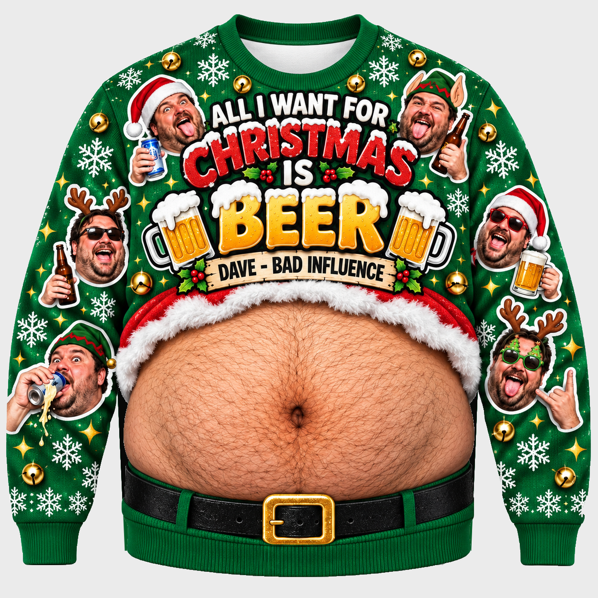 Beer Belly Christmas Sweatshirt Novelty Fake Hairy Stomach Pullover