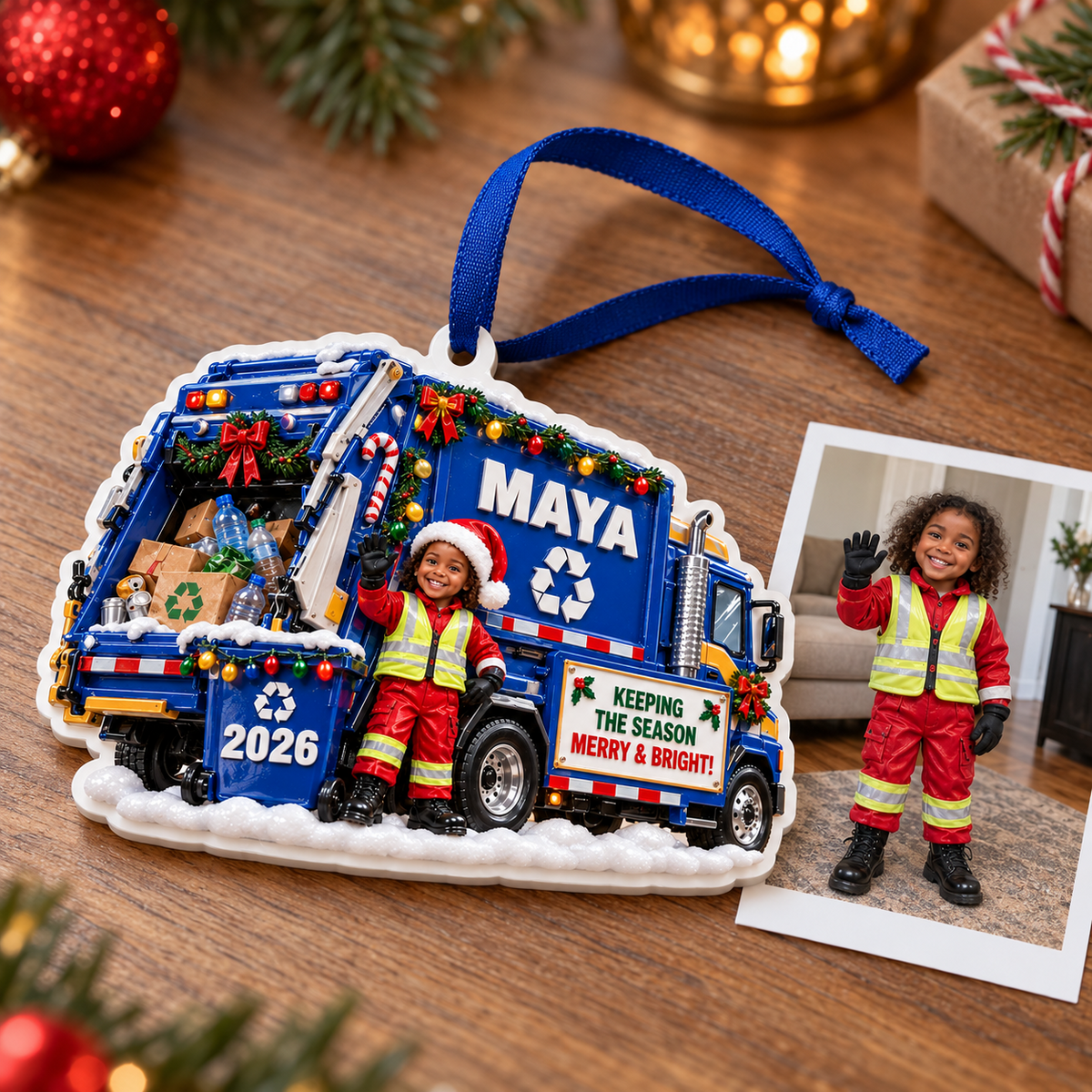 Recycling Garbage Truck Holiday Keepsake with Little Worker - 3D Relief Ornament