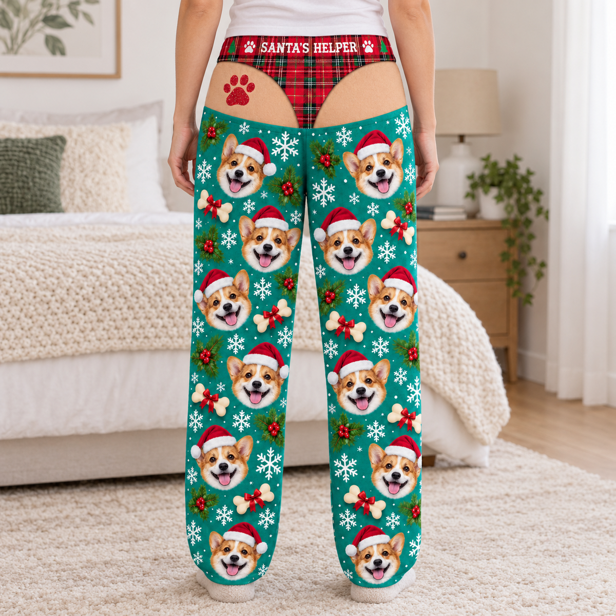 Mens Cutout Christmas Dog Print Pajama Pants with Plaid Briefs
