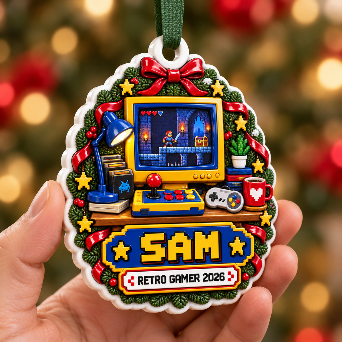 Retro Gamer Pixel Arcade Desk Holiday Hanging Keepsake - 3D Relief Ornament