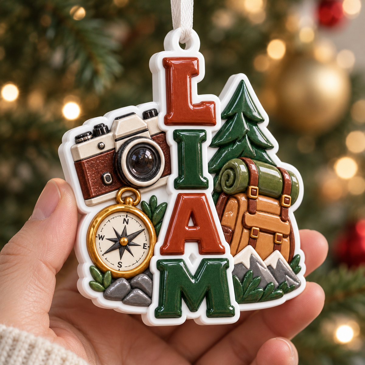 Hiking Adventure Ceramic Holiday Keepsake with Camera Compass and Backpack - 3D Relief Ornament