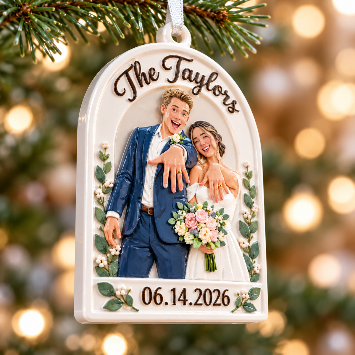 Newlywed Wedding Couple Arch Hanging Keepsake with Ribbon - 3D Relief Ornament