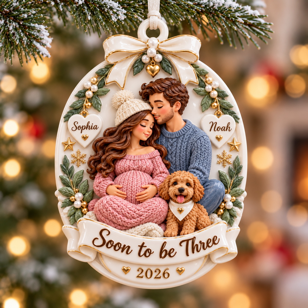 Expecting Couple with Dog Oval Keepsake Hanging Holiday Plaque - 3D Relief Ornament