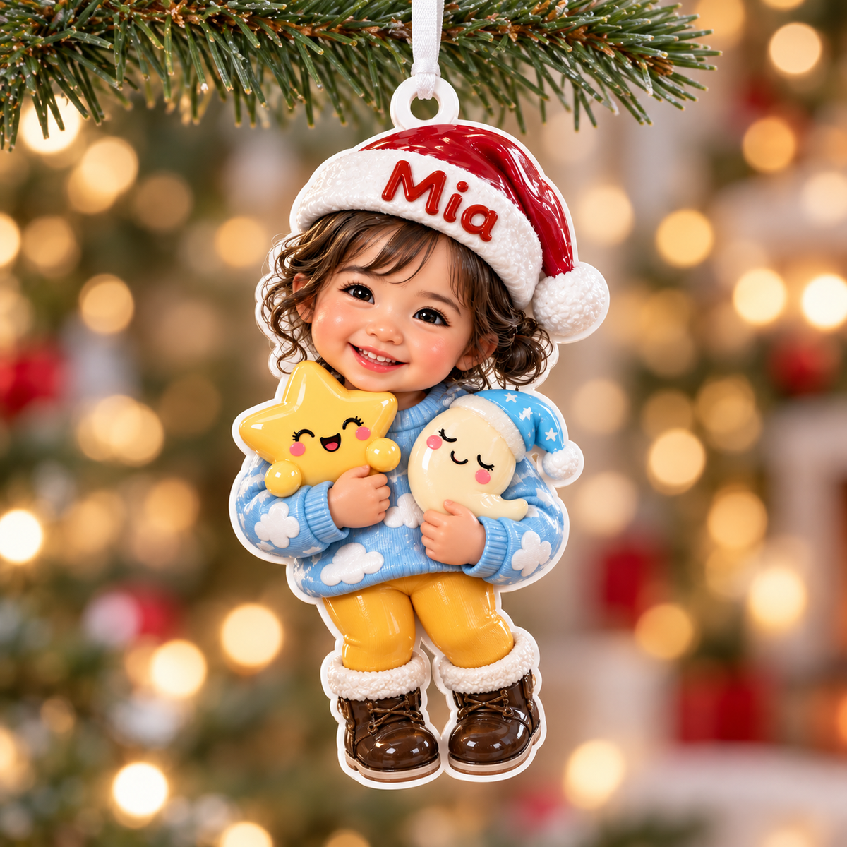 Baby Girl in Santa Hat with Star and Moon Acrylic Holiday Keepsake - 3D Relief Ornament