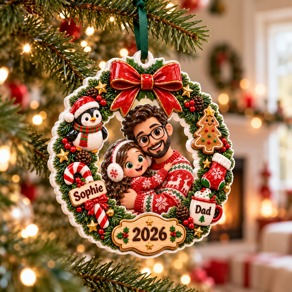 Father and Daughter Christmas Wreath Holiday Keepsake - 3D Relief Ornament