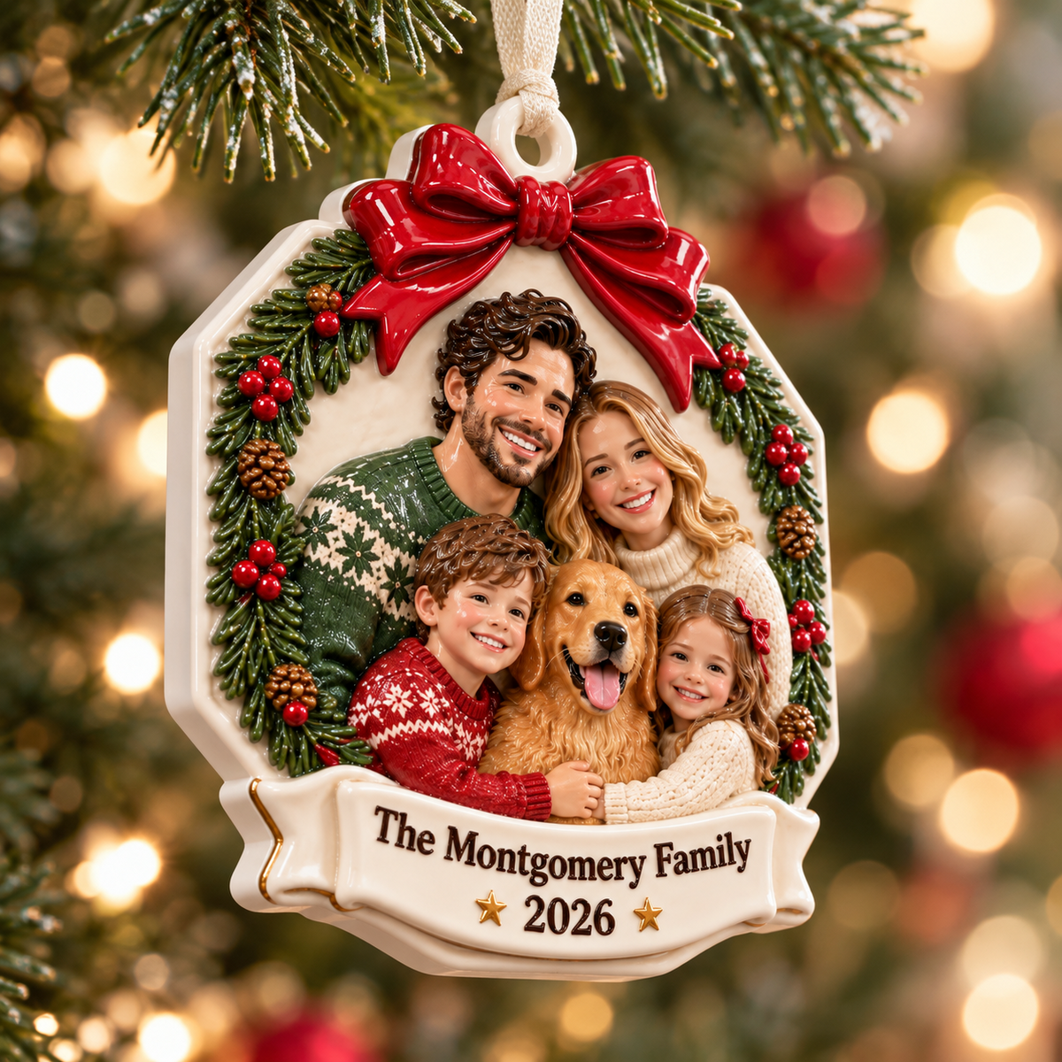 Family Portrait with Dog Wreath and Red Bow Ceramic Keepsake - 3D Relief Ornament