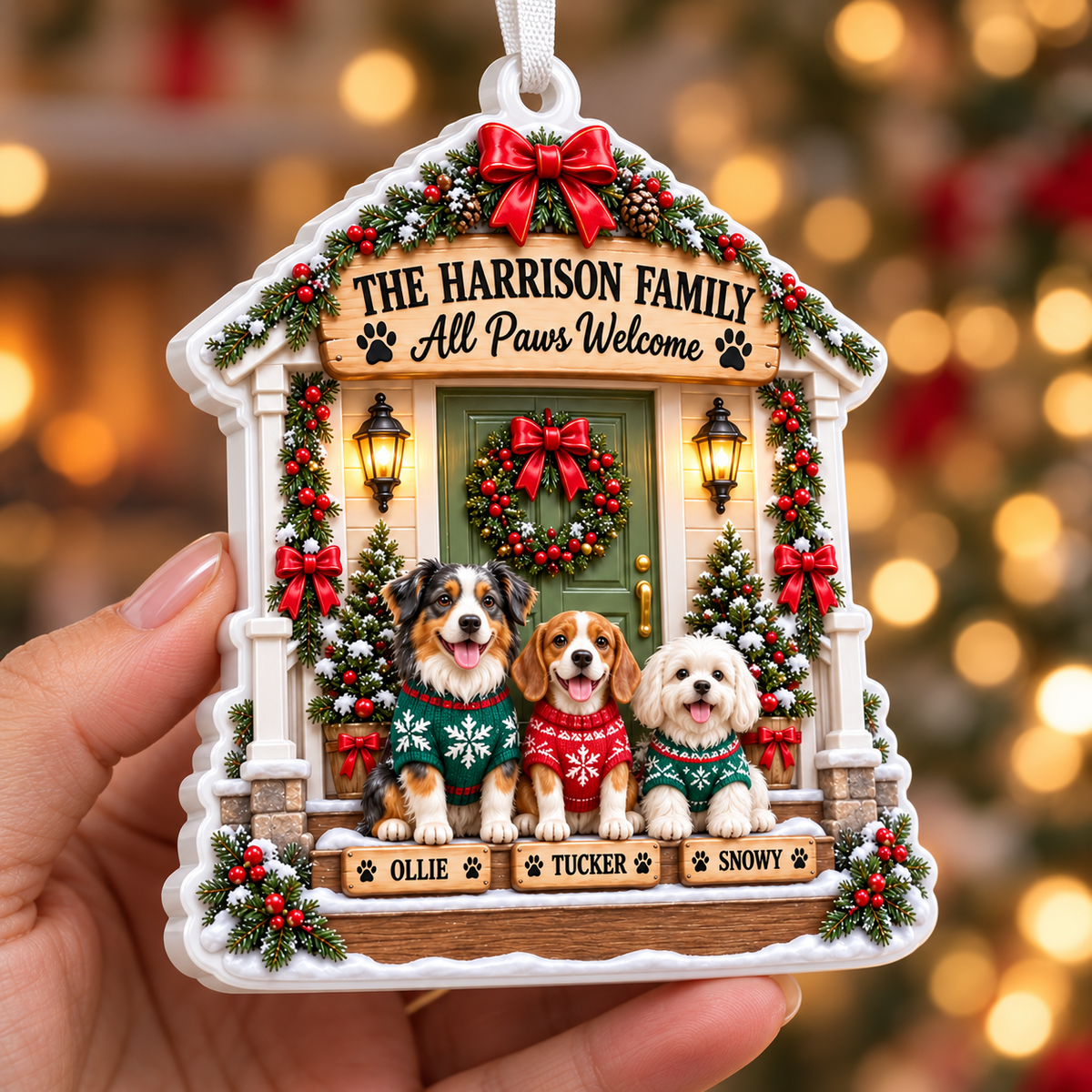 Christmas Front Porch Dogs Holiday Tree Hanging Plaque - 3D Relief Ornament