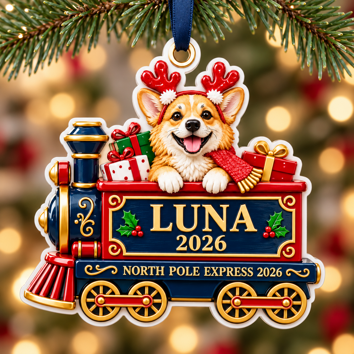 Corgi Dog North Pole Express Train Christmas Holiday Keepsake - 3D Relief Ornament