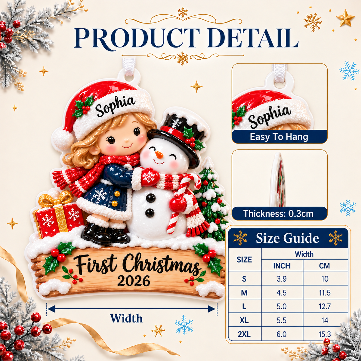 Baby Girl and Snowman First Christmas Tree Hanging Keepsake - 3D Relief Ornament