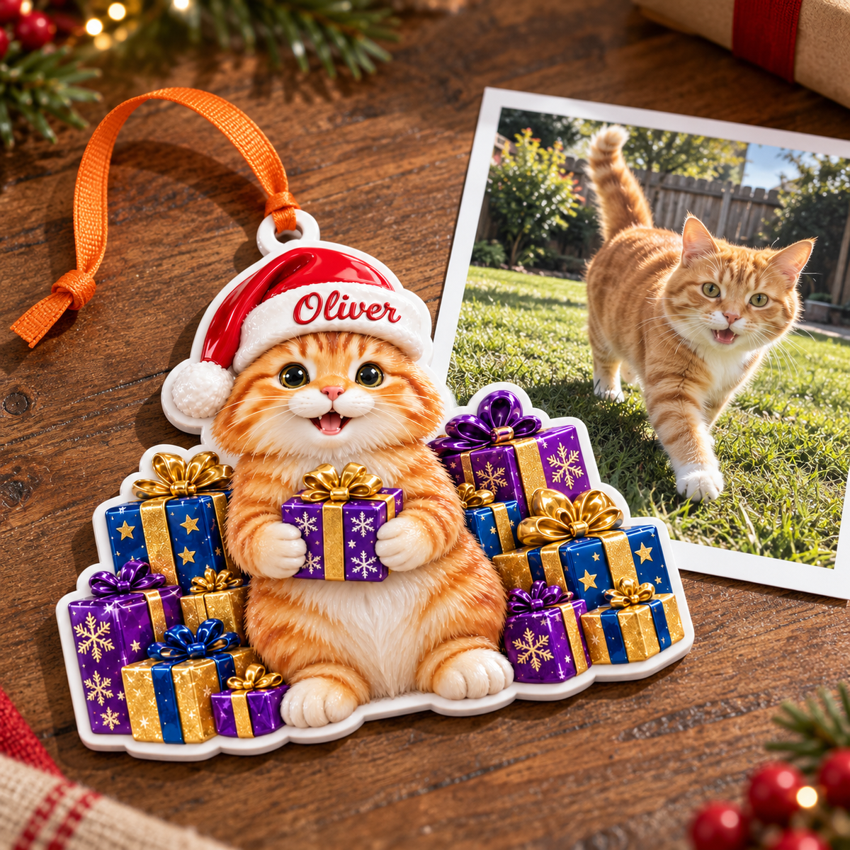 Ginger Cat in Santa Hat with Christmas Gift Boxes Acrylic Hanging Tree Decoration - 3D Relief Ornament