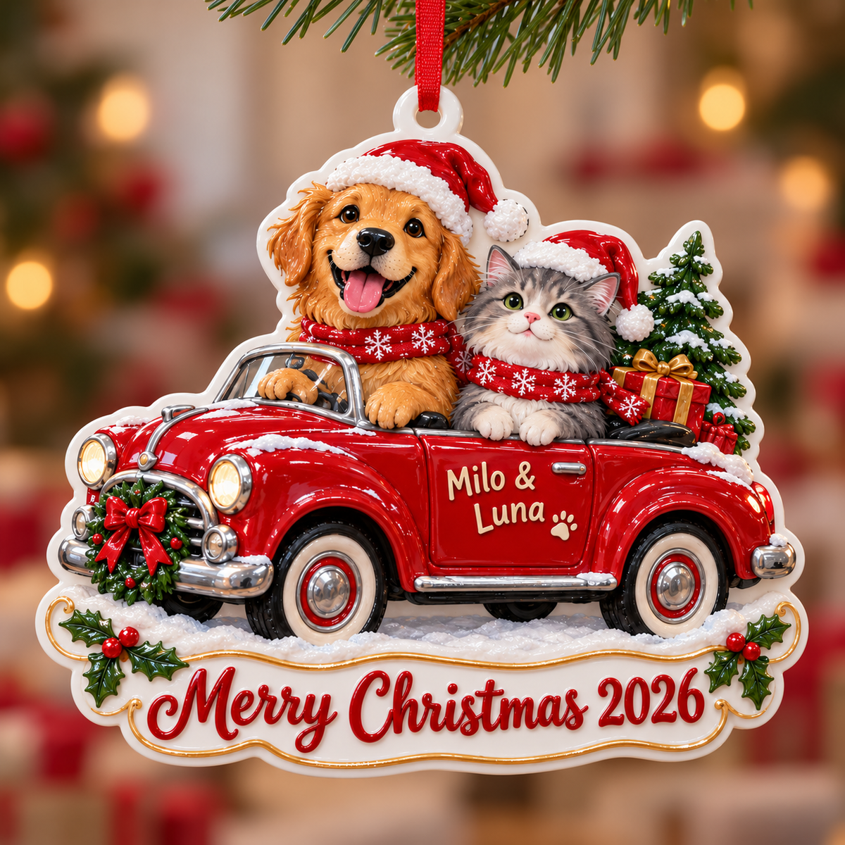 Dog and Cat in Vintage Red Car Holiday Keepsake - 3D Relief Ornament