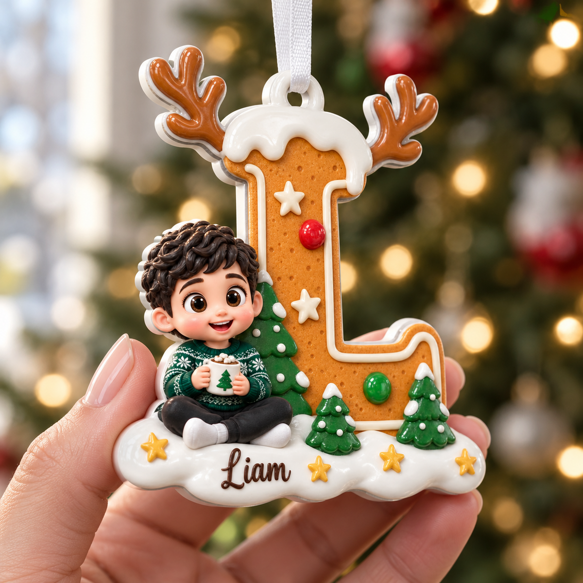 Gingerbread Letter L Holiday Tree Hanging Decor with Reindeer Antlers and Snow - 3D Relief Ornament