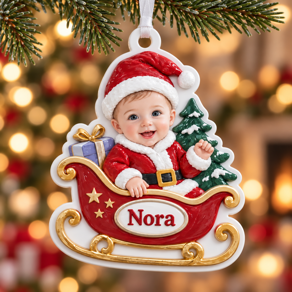Baby Santa Sleigh Holiday Tree Hanging Keepsake in Red and Gold - 3D Relief Ornament