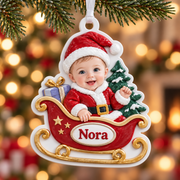 Baby Santa Sleigh Holiday Tree Hanging Keepsake in Red and Gold - 3D Relief Ornament