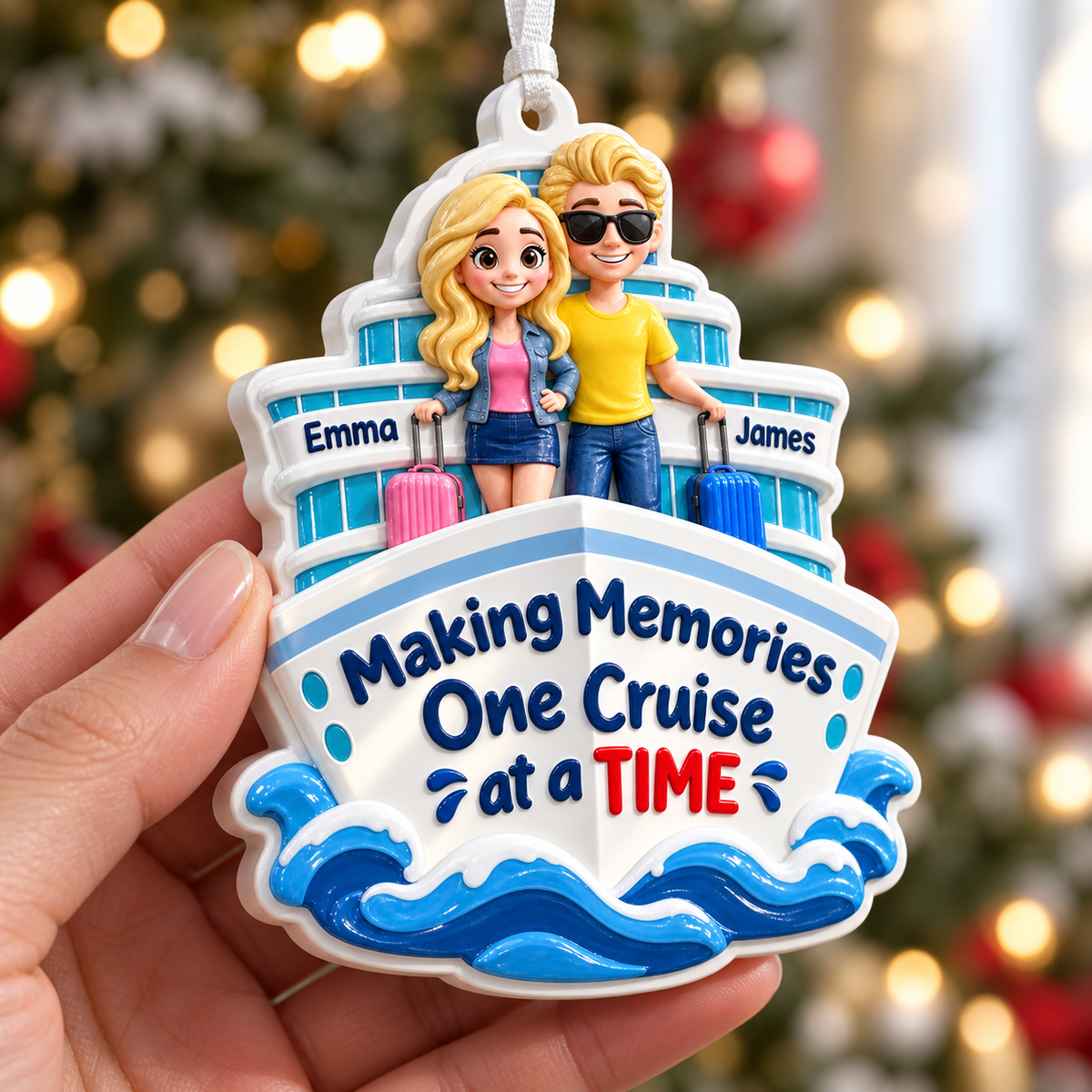 Cruise Ship Couple Vacation Holiday Hanging Decor in Ocean Blue and White - 3D Relief Ornament