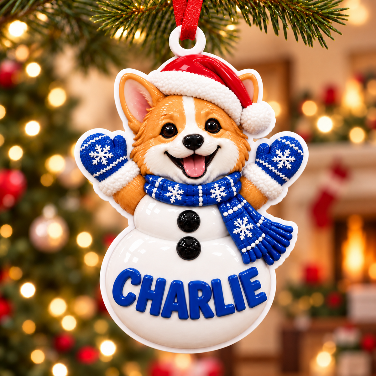 Corgi Dog Snowman with Blue Scarf and Santa Hat Acrylic Hanging Holiday Decor - 3D Relief Ornament