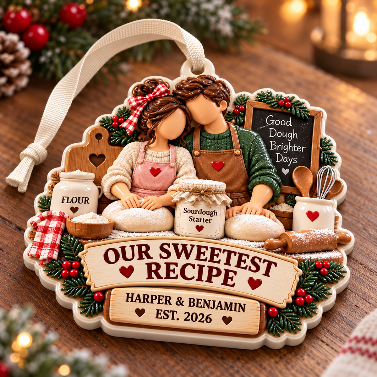 Baking Couple Holiday Keepsake with Sourdough Bread Kitchen Motif - 3D Relief Ornament