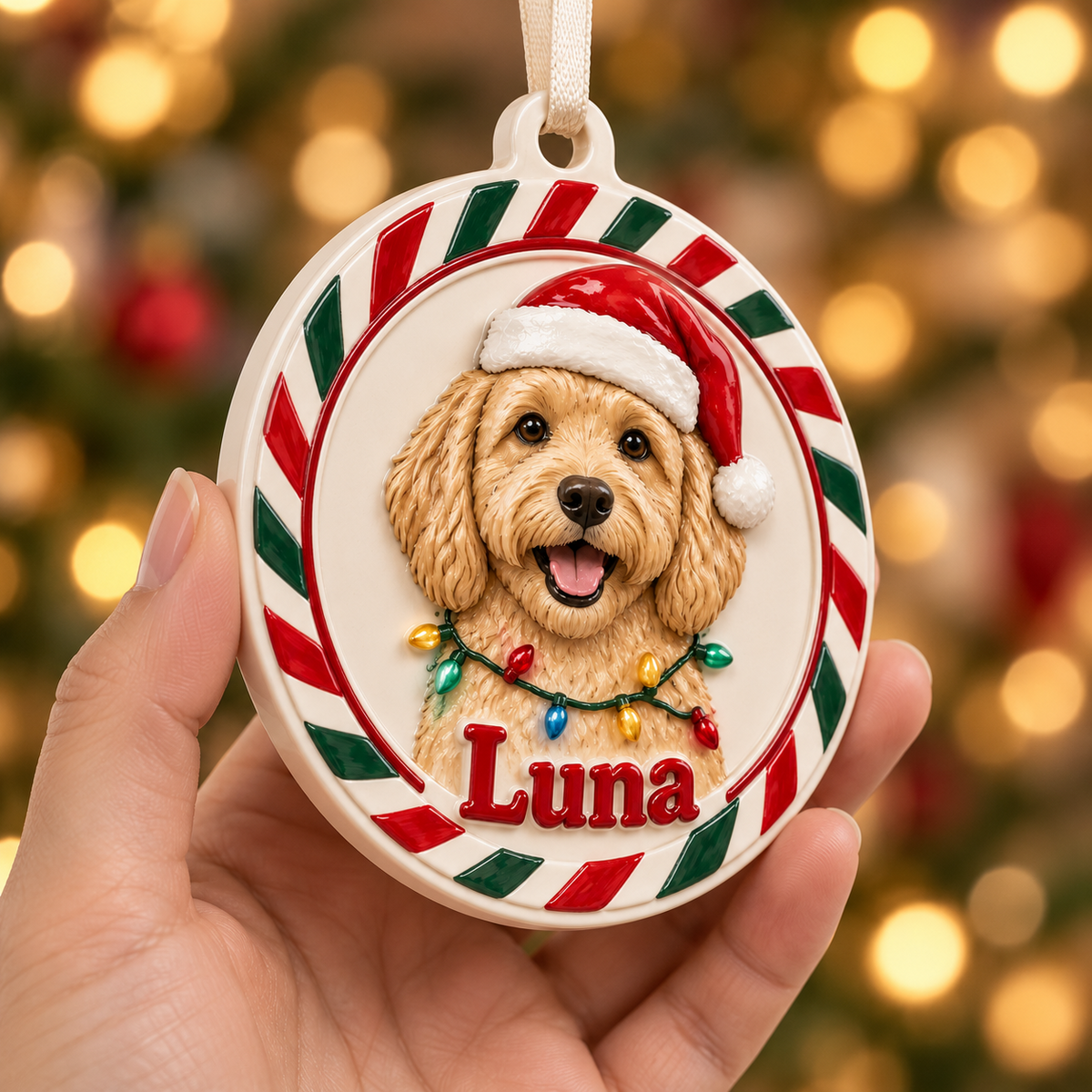 Christmas Goldendoodle Dog Holiday Medallion with Ribbon - 3D Relief Ornament
