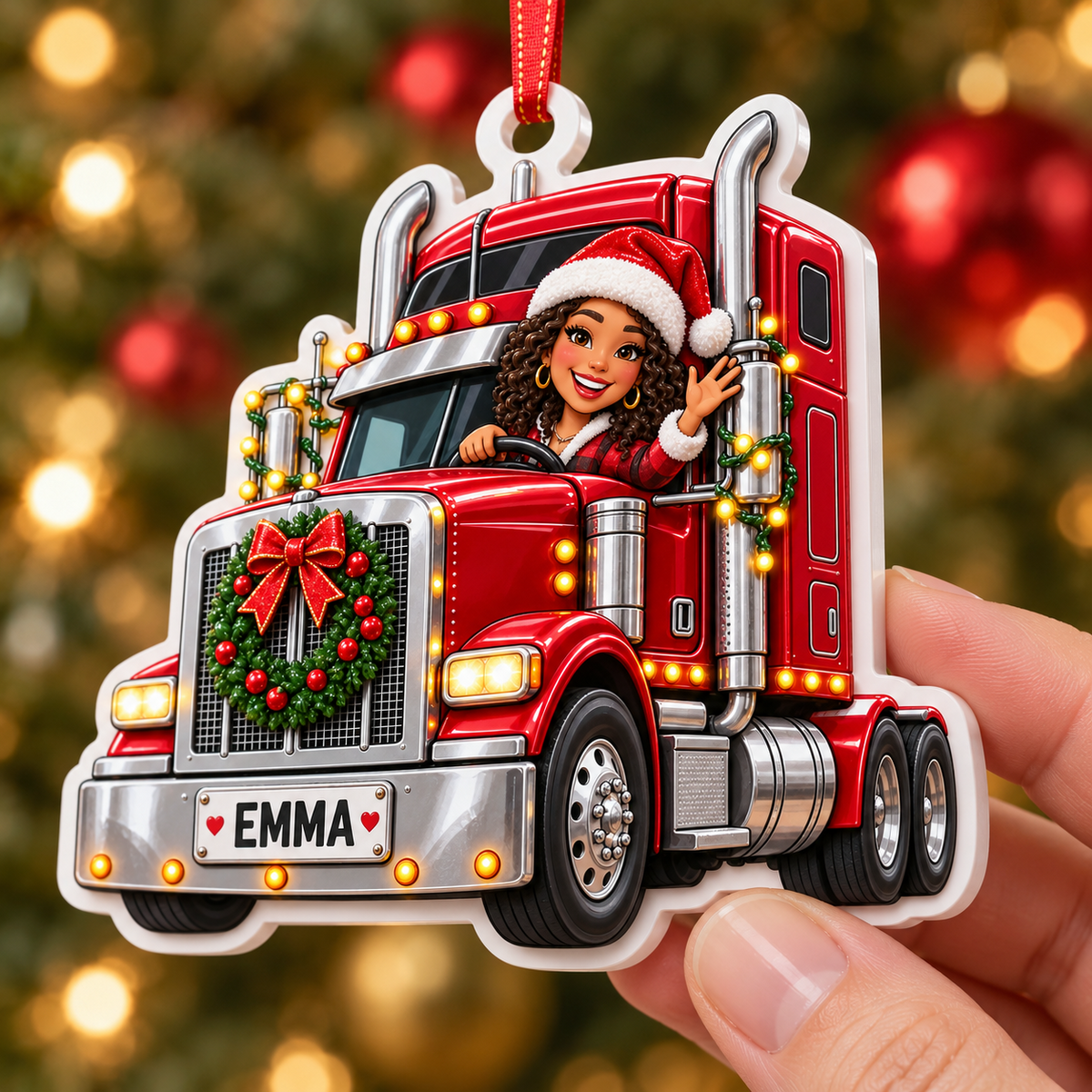 Red Semi Truck Female Driver Holiday Acrylic Tree Hanging - 3D Relief Ornament