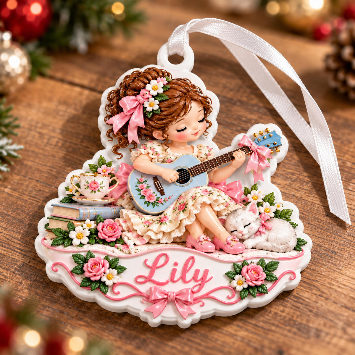 Girl Playing Guitar with Sleeping Kitten and Floral Teacup - 3D Relief Ornament