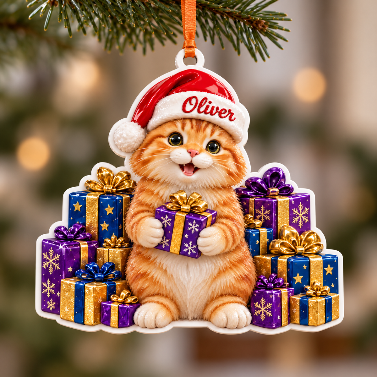 Ginger Cat in Santa Hat with Christmas Gift Boxes Acrylic Hanging Tree Decoration - 3D Relief Ornament